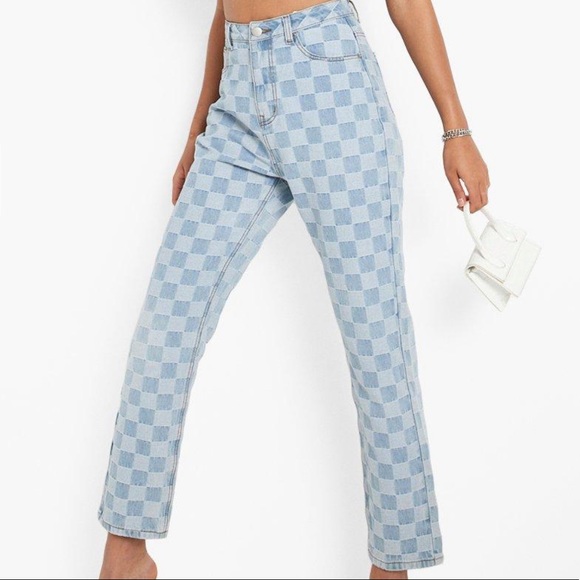 Boohoo Tessa Brooks Check Denim Slim Straight Jean - Picture 3 of 4